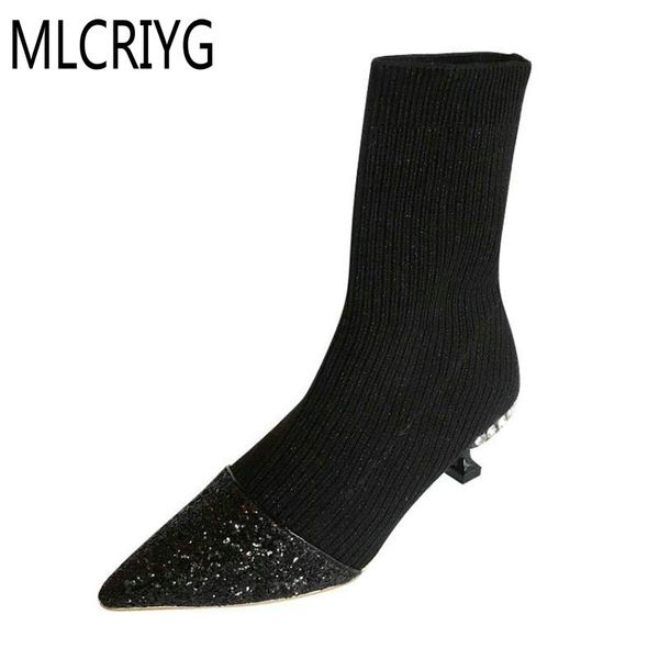 

2019 new mid calf women's boots spring foldable stretch fabric zipper shine toe shoes woman med heels elegant ladies shoe, Black