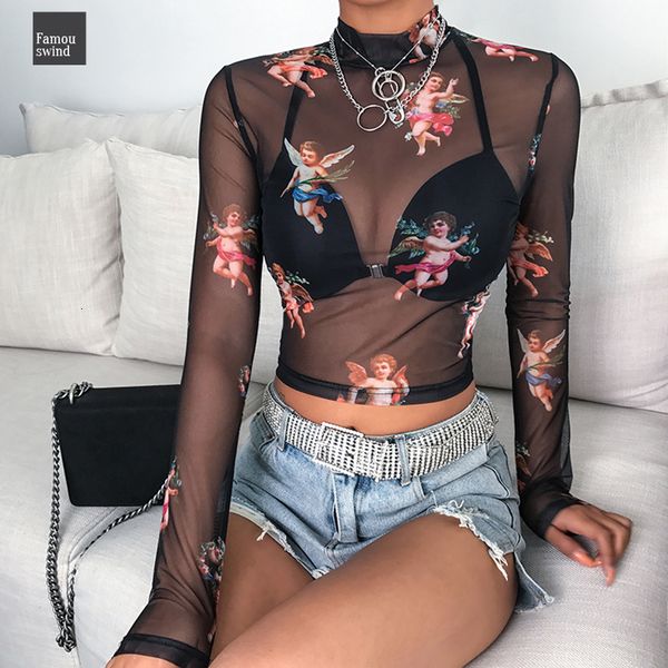 

tshirt sexy прозрачной женщина с длинным рукавом футболка bodycon водолазки angel печать обрезанного лепесток рукав 2019 летней streetwear c, White
