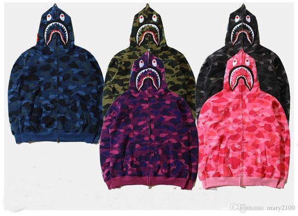 

fashion man tide shark hoodie stitching color camouflage printing plus velvet men and women large size cardigan hoodies sweatshirts, Black