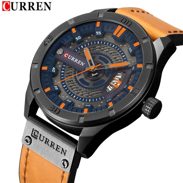 

curren date men watch new sport army business male clock leather quartz wrist mens watches gift 8301, Slivery;brown