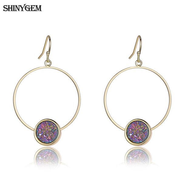 

shinygem vintage golden big round earrings colorful druzy natural stone earrings diy smooth twist circle drop for women, Silver