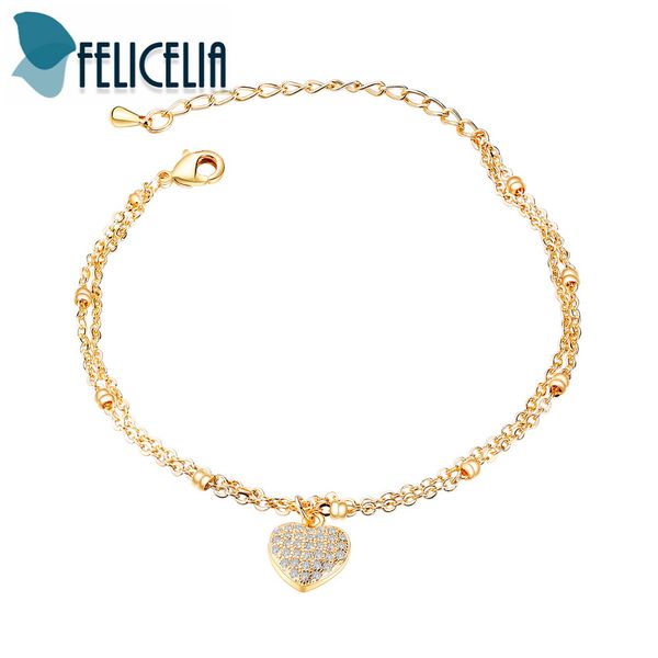 

felicelia romantic heart shaped cubic zirconia charm bracelet for women silver gold color adjustable double layer chain bracelet, Black