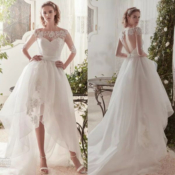 

Blumarine Sposa 2019 A Line Wedding Dresses Lace Applique Beads Half Sleeve High Low Bridal Gowns Plus Size Vestidos De Noiva