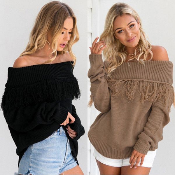 

winter warm womens long sleeve off shoulder tassels knitted sweater stylish womens slash neck pullover loose sweaters, White;black