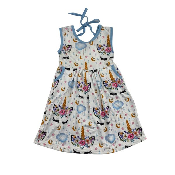 

boutique design sky blue closed eye unicorn print pretty girl sleeveless party dress, Red;yellow
