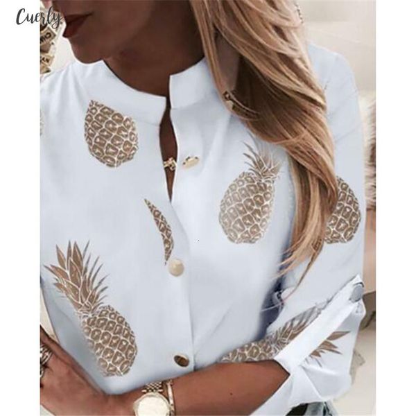 

fashion office lady blouse women casual white shirt lapel collar stripe long sleeve botton pineapple shirt blusas female