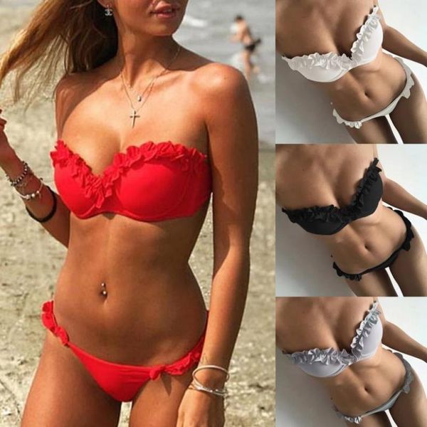 

women set ruffles women solid bandage tankini set brazilian new jun28, Red;black