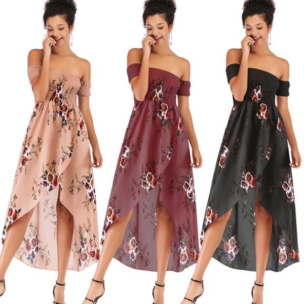 

womens designer ladies large size shoulder floral skirt long waist off-the-shoulder ruffled dressrtax, Black;gray