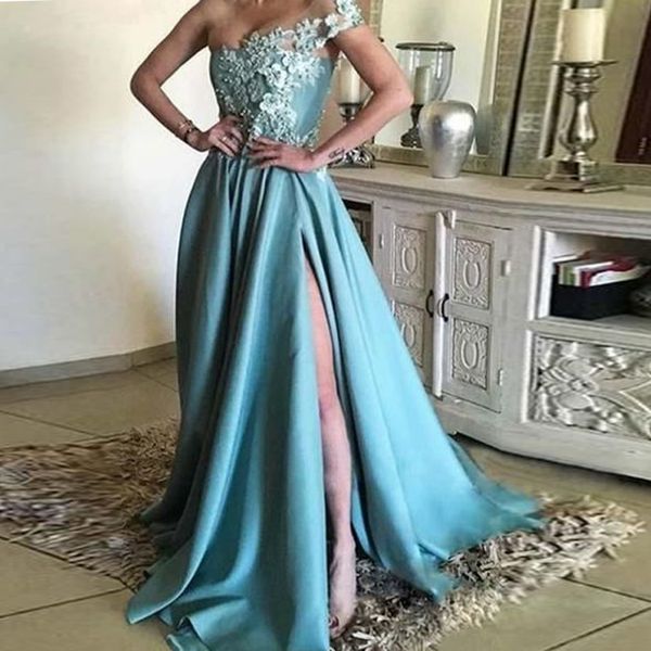 

2020 elegant one shoulder 3d flowers beading prom dress with split side zipper a-line sweep train satin party evening dress, Black