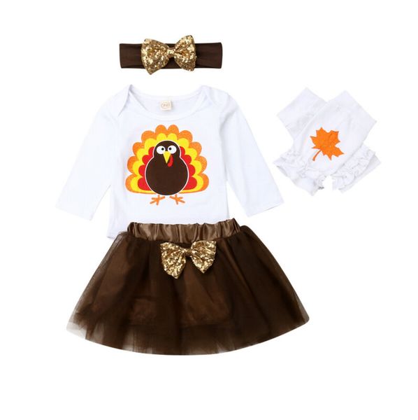 

4pcs/set 0-24m toddler newborn baby girls thanksgiving turkey romper long sleeve +party tulle skirt+ outfit set, White