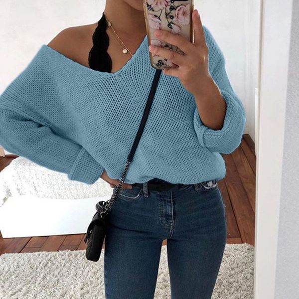 

2019 womens winter autumn deep v-neck sweater solid color chunky crochet loose pullover casual long sleeves off shoulder, White;black
