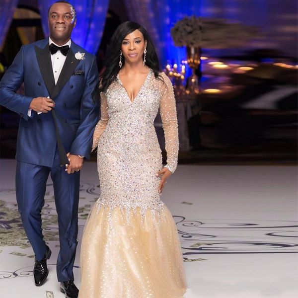 

Charming Long Sleeve Mermaid Prom Dresses 2018 V-Neck Floor Length Tulle With Crystal Beaded Evening Dresses Gowns Long Party Dresses