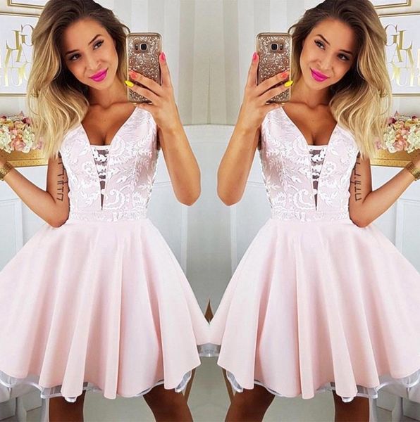 

pink v neck short homecoming dresses 2020 appliqued mini knee length graduation cocktail gowns sweet 16 party prom dress bc2431, Blue;pink