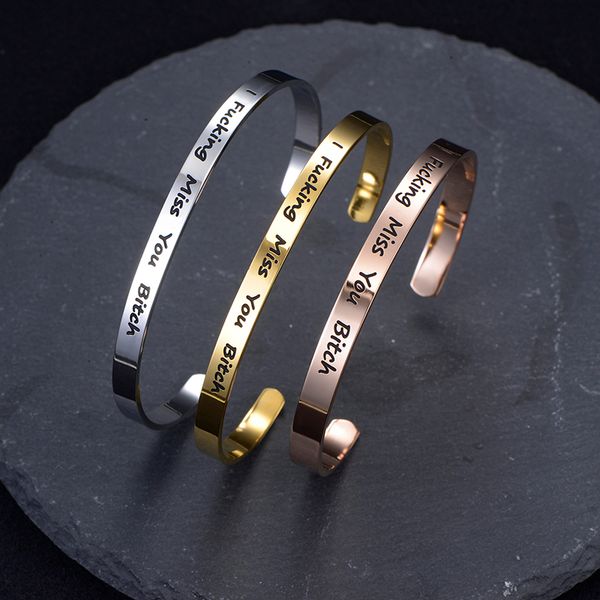 

miss you cuff bracelet bangle smooth polished gold plating engrave stainless steel bangle gift for her, Black
