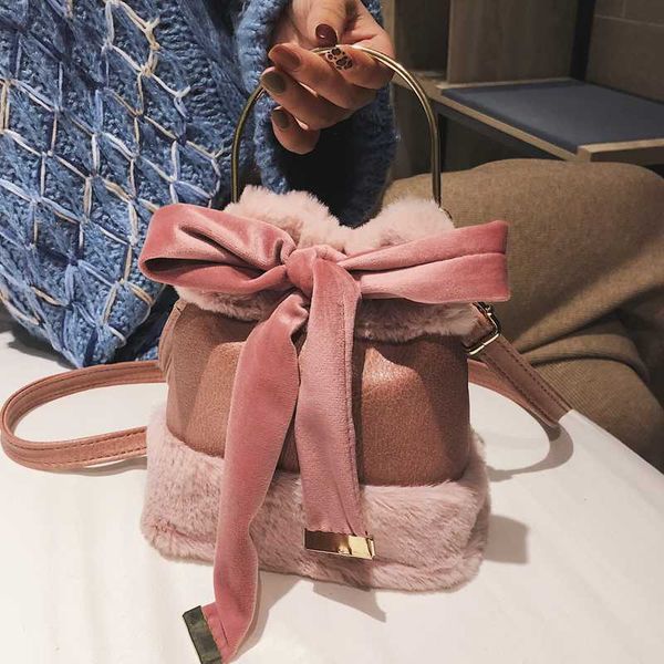 

женская дизайнерская сумочка 2020 новое качество искусственная кожа дамы портативный ведро сумка мягкий плюш сумка лук плечо курьерские сумк