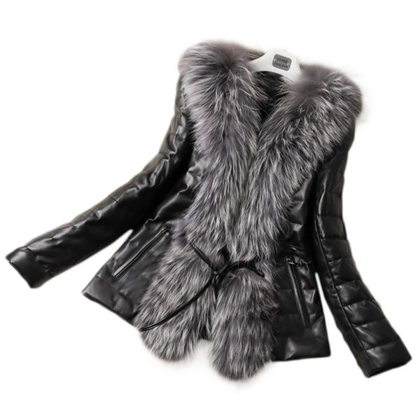 

fall winter style pu leather stitching faux fur coats plus size slim outerwear womens man-made fur outwears jackets, Black