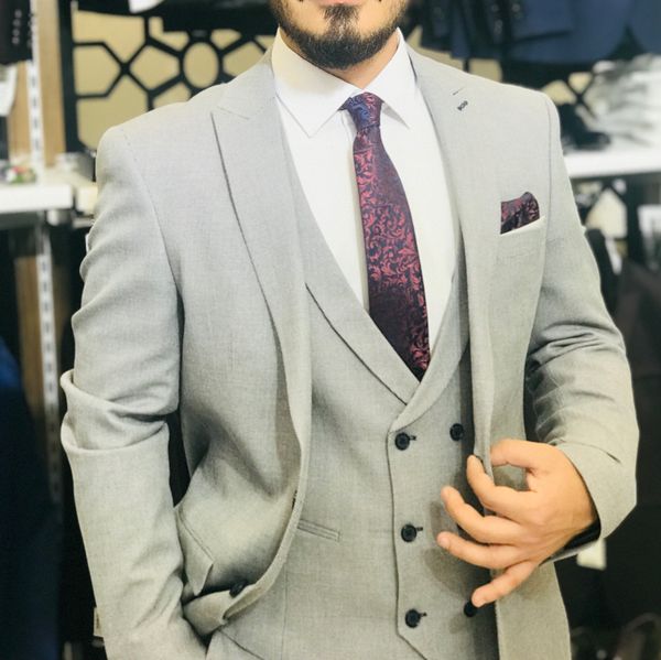 

grey wedding tuxedos two button slim fit tweed groom wear formal pants suits blazer jacket (jacket+vest+pants), Black;gray