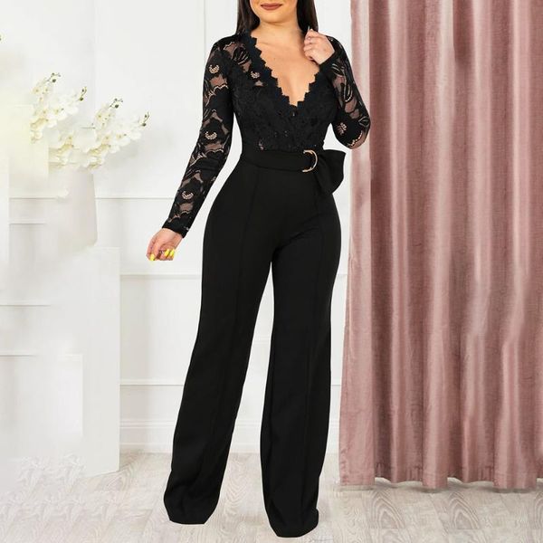 

women jumpsuit bodysuit long sleeve lace mesh v neck ladies romper jumpsuit solid black female bodysuit rompers autumn d40, Black;white