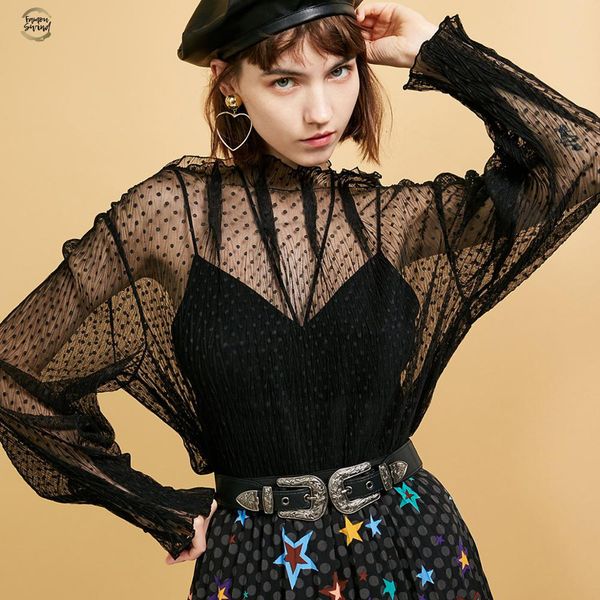 

new fashion all women mock neck pofmouwen stip see through t shirt drop shipping good quality, White
