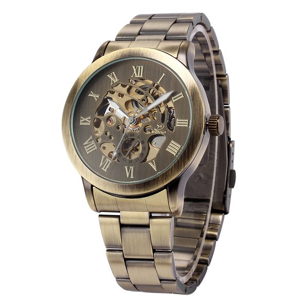

shenhua retro mechanical watch antique bronze tone skeleton dial stainless steel band male clock auto self winding wristwatch, Slivery;brown