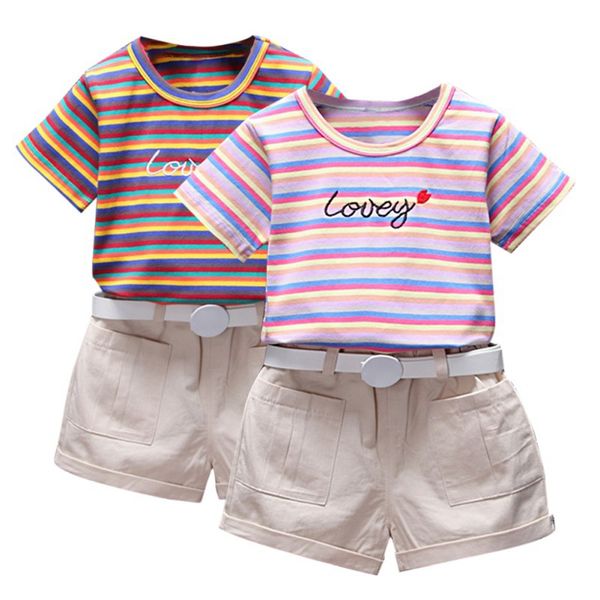 

baby girls clothes with belt casual stripe letter print short sleeve t-shirt+shorts suits costume set, White