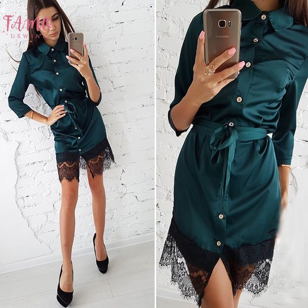 

women vintage lace patchwork belt party dress three quarter sleeve straight solid casual mini dress autumn new women dress, Black;gray