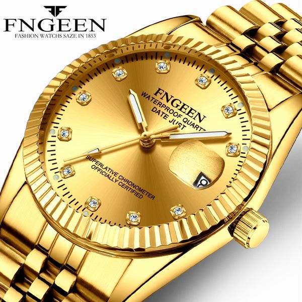 

couple watch fngeen brand mens womens watches quartz steel waterproof calendar woman man wristwatch luxury gold clocks, Slivery;brown
