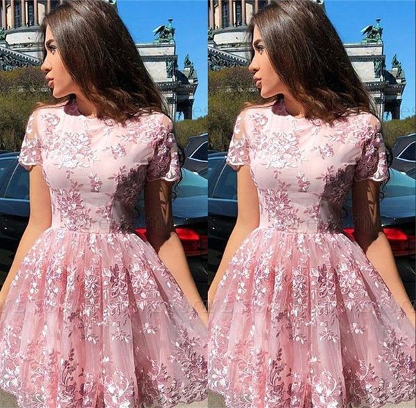 

pink floral lace homecoming dresses short sleeve cocktail party dresses girls vestido de fiesta club wear bc2724, Blue;pink