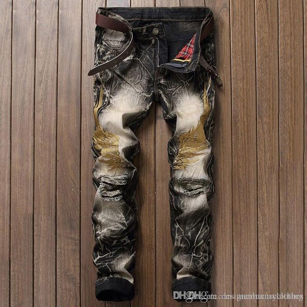 

стильный подростковая straight wing вышивка джинсы мужские дизайнер рваные джинсы прямые моды slim fit мужские штаны, Blue