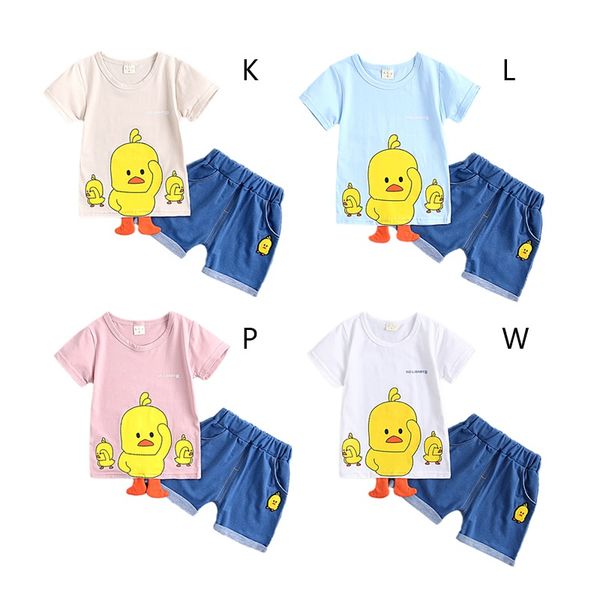 

2 шт. / компл. 2019 лето дети мальчики повседневная хлопок с коротким рукавом мультфильм утка печати футболка топы + джинсовые шорты костюм, White