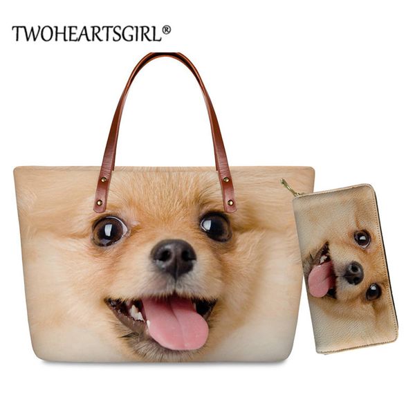 

2pcs women large capacity handbags cute pomeranians printing handle bags for females travel shoulder bag beach tote bags