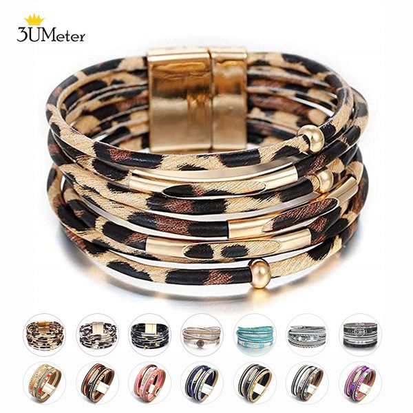 

boho leopard leather wrap bracelet for women multilayer leather cuff bracelet crystal bead rhinestone bangle jewelry girls gift, Golden;silver