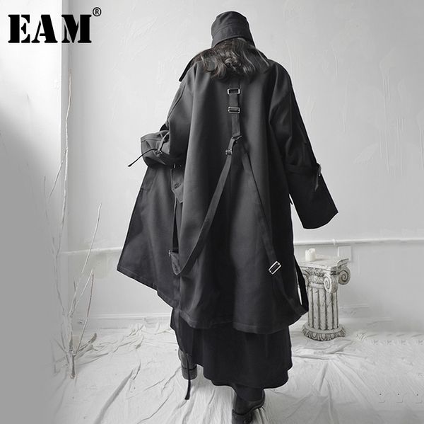 

eam] loose fit black buckle asymmetrical big size long jacket new lapel long sleeve women coat fashion tide spring 2020 1s655, Black;brown