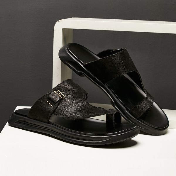 

slippers male outdoor casual shoes mens anti-slip sandals male sandals cowhide flip flops summer genuine leather, Black