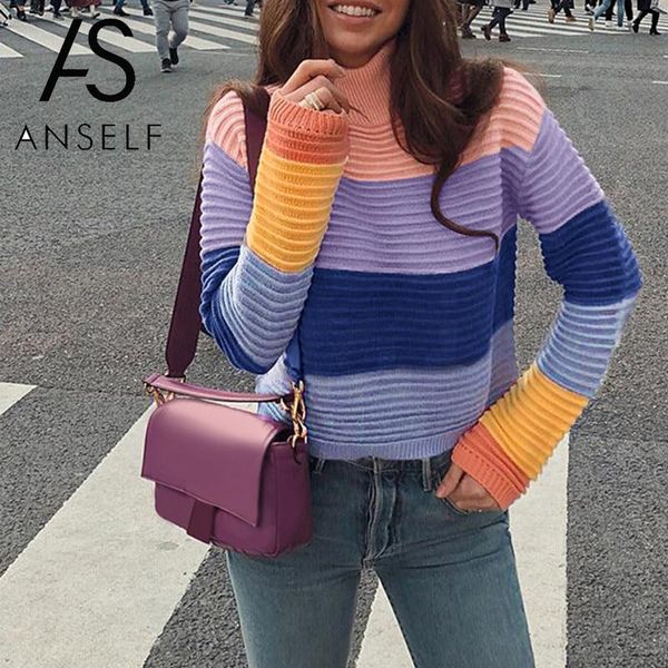 

women rainbow sweater 2019 autumn winter knitted sweater multicolor striped turtleneck long sleeve pullover female knitwear, White;black