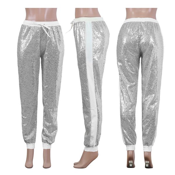 

женщины моды блесток длинные брюки карандаш elastic pu кожа высокой талией кулиской black party ladies брюки streetwear, Black;white