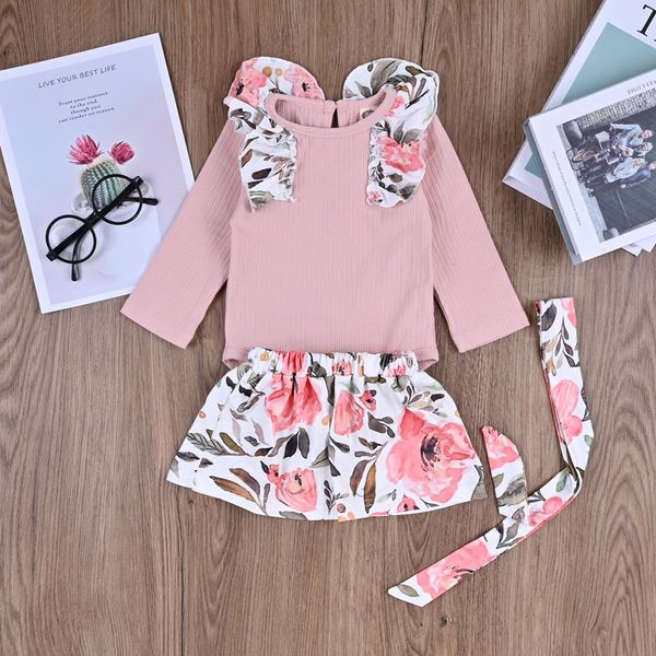 

2019 newborn toddler baby girls solid romper +floral skirts+headband outfits clothes baby girl clothes girl dress, White