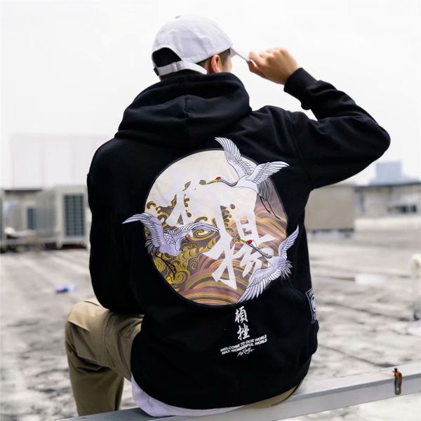 

2019 japanese cranes pullover hoodies men winter hip hop male casual hooded sweatshirts streetwear, Black