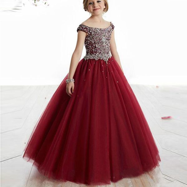 

2019 Vintage Flower Girl Dresses For Weddings Burgundy Princess Girl's Pageant Gowns Beads Crystals Kids First Communion Gowns