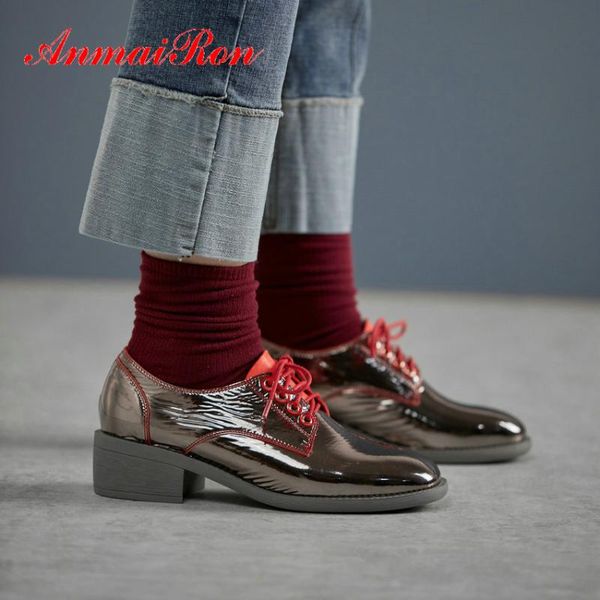 

anmairon 2020 lace-up casual genuine leather wedding shoes square heel shoes women designers round toe ladies 34-39, Black
