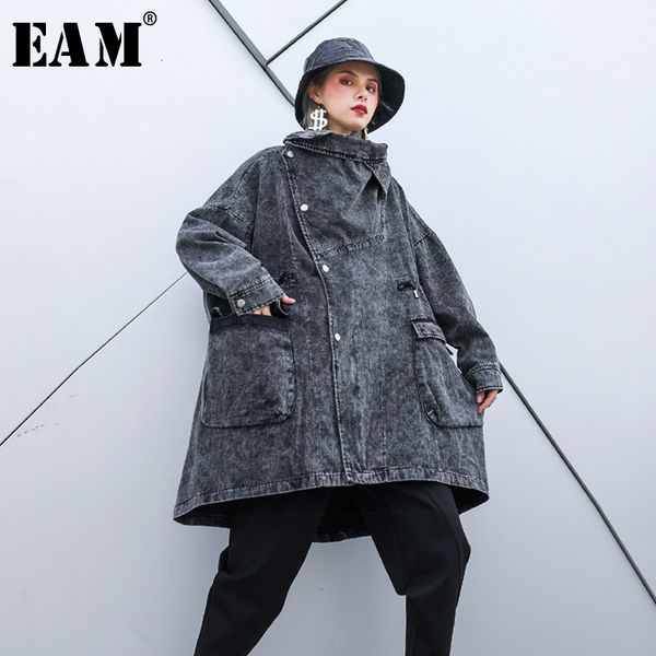 

eam] loose fit balck denim oversized long jacket new lapel long sleeve women coat fashion tide autumn winter 2019 1h344, Black;brown
