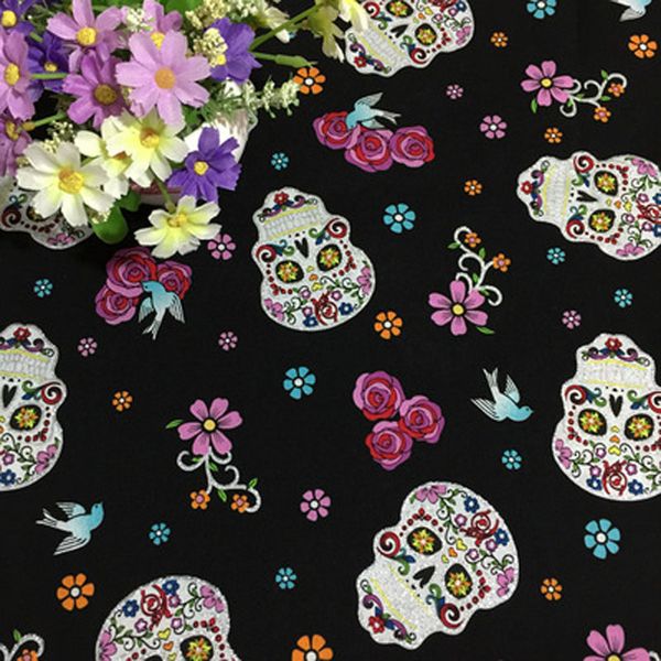 

50x110cm punk cool halloween flower skull printed cotton fabric for diy sewing home decoration, Black;white