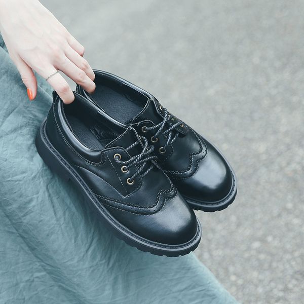 

retro woman shoes oxfords women's all-match round toe british style modis flats casual female sneakers leather preppy on heels, Black