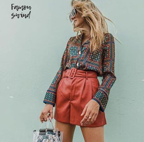 

black women color shorts pu high waist shirts belt wide leg faux leather winter loose leather pu shorts, White;black