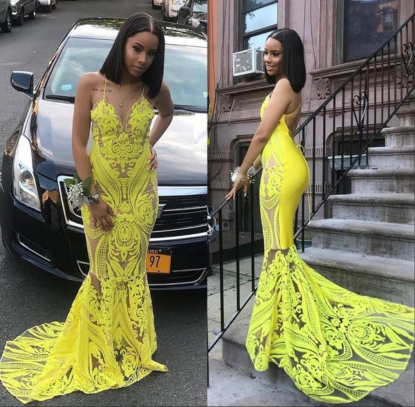 

luxury black girls yellow sequines mermaid prom dresses long sleeve sweep train formal wear sequined african prom dress evening gowns