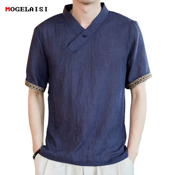 

New Linen Men Thin Shirt Chinese Style Short Sleeve Linen Solid Tops Retro Plate Buttons Men Loose Shirt Plus Size M -5xl A026