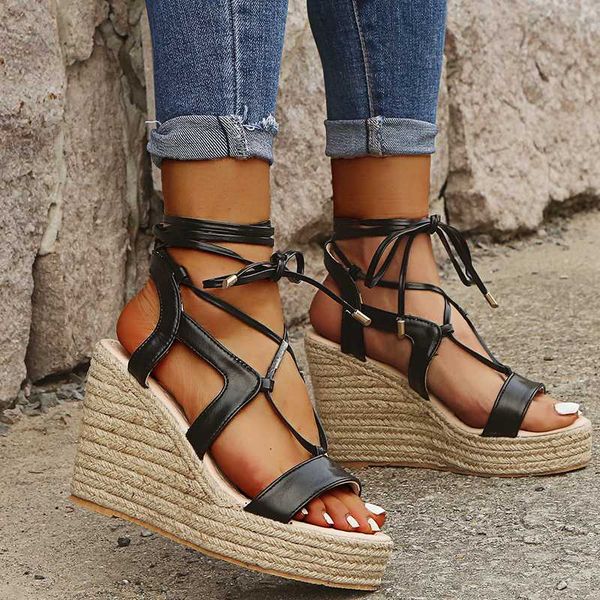 

2020 women shoes ankle strap summer high wedges heel sandals fashion open toe platform elevator women sandals shoes ladies, Black