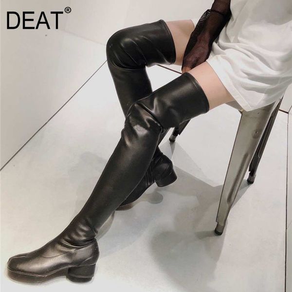 

deat] 2019new spring summer round toe pu leather zipper personality single shoes women high heels long boots fashion tide10d201, Black
