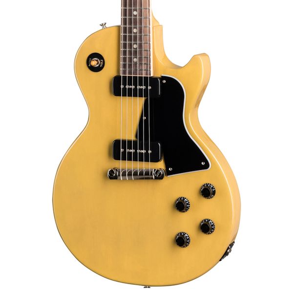 

custom single cutaway 1959 special tv yellow electric guitar, black pickguard, black p-90 pickups, wrap arround bridge, orange switch hat