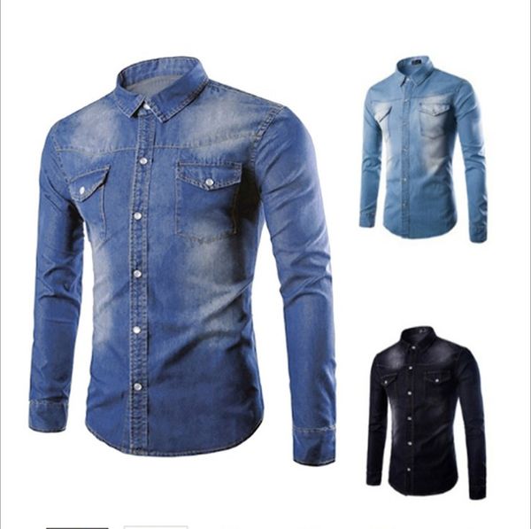 Новая черная джинсовая рубашка, мужская осенняя модная рубашка Demin с двойным карманом, повседневная облегающая рубашка, сорочка Homme Marque254t